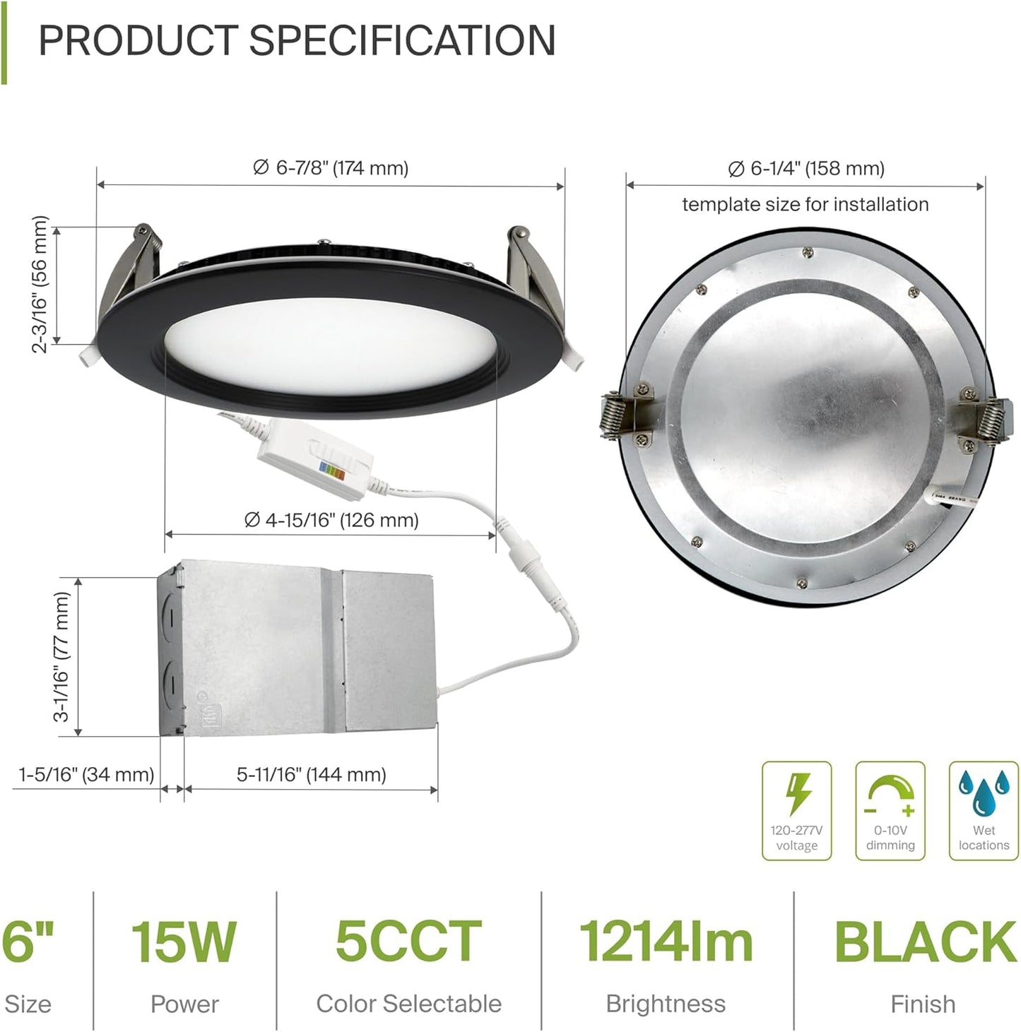 ASD Lighting LED Recessed Mini Panel Round 6inch 15W 120-277V 0-10V Dimmable 2700/3000/3500/4000/5000K with Baffle Trim Black ETL Energy Star