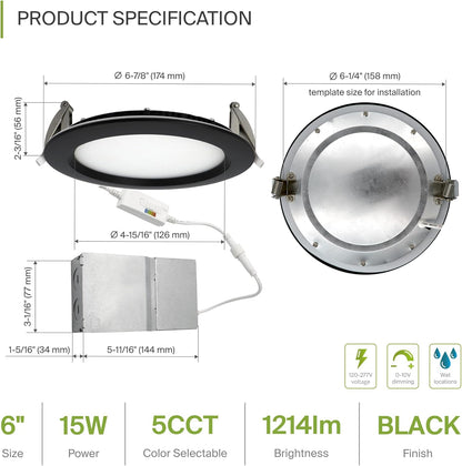ASD Lighting LED Recessed Mini Panel Round 6inch 15W 120-277V 0-10V Dimmable 2700/3000/3500/4000/5000K with Baffle Trim Black ETL Energy Star