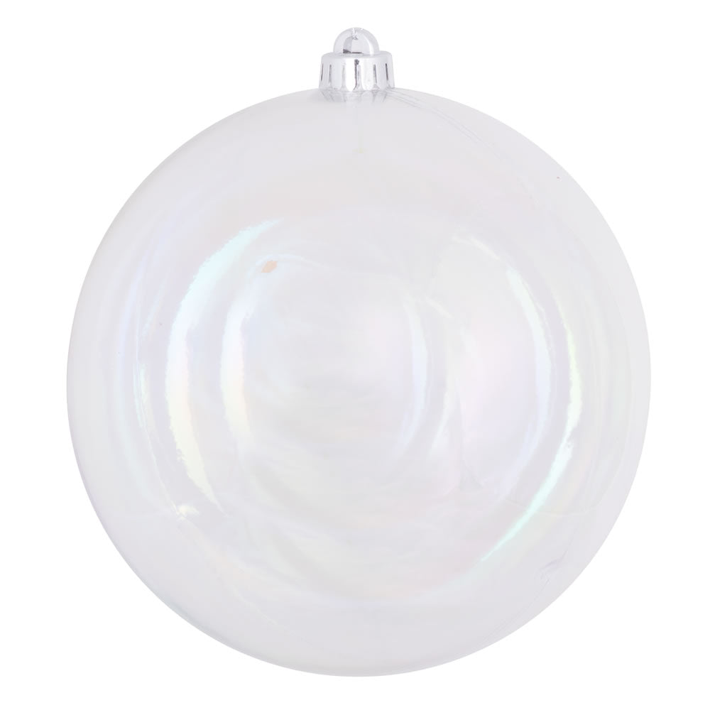 Vickerman 10" Clear iridescent ball ornament. Shatterproof Pre-drilled cap secured with 6" of green floral wire. Comes with a 1 year seasonal warranty.