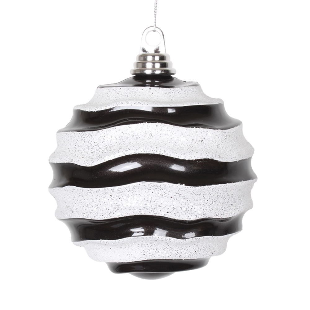 Vickerman 8' Black and White Stripe Candy Finish Wave Ball Christmas Ornament with Glitter Accents