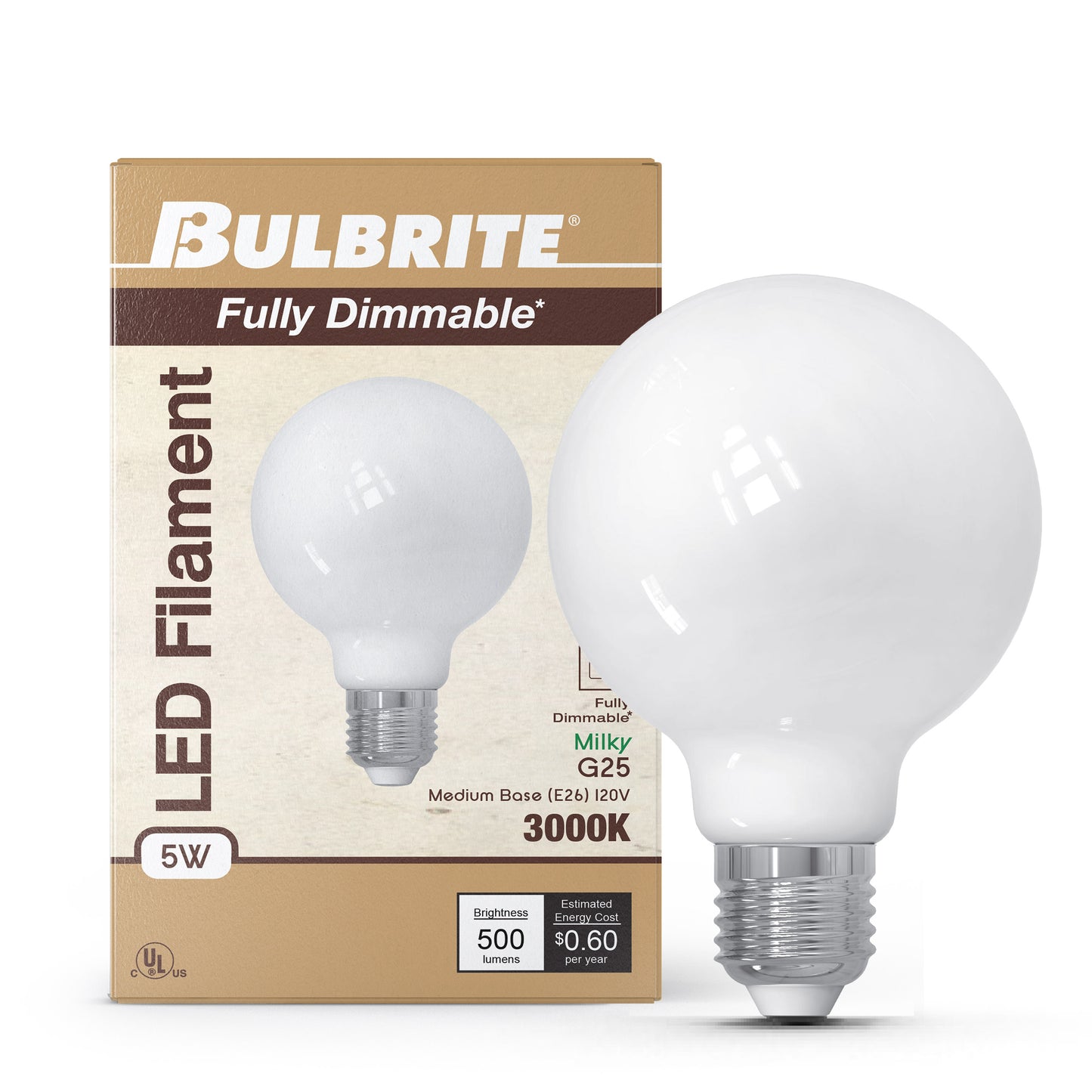 Bulbrite 776976 5W LED G25 3000K FILAMENT MILKY FULLY COMPATIBLE DIMMING