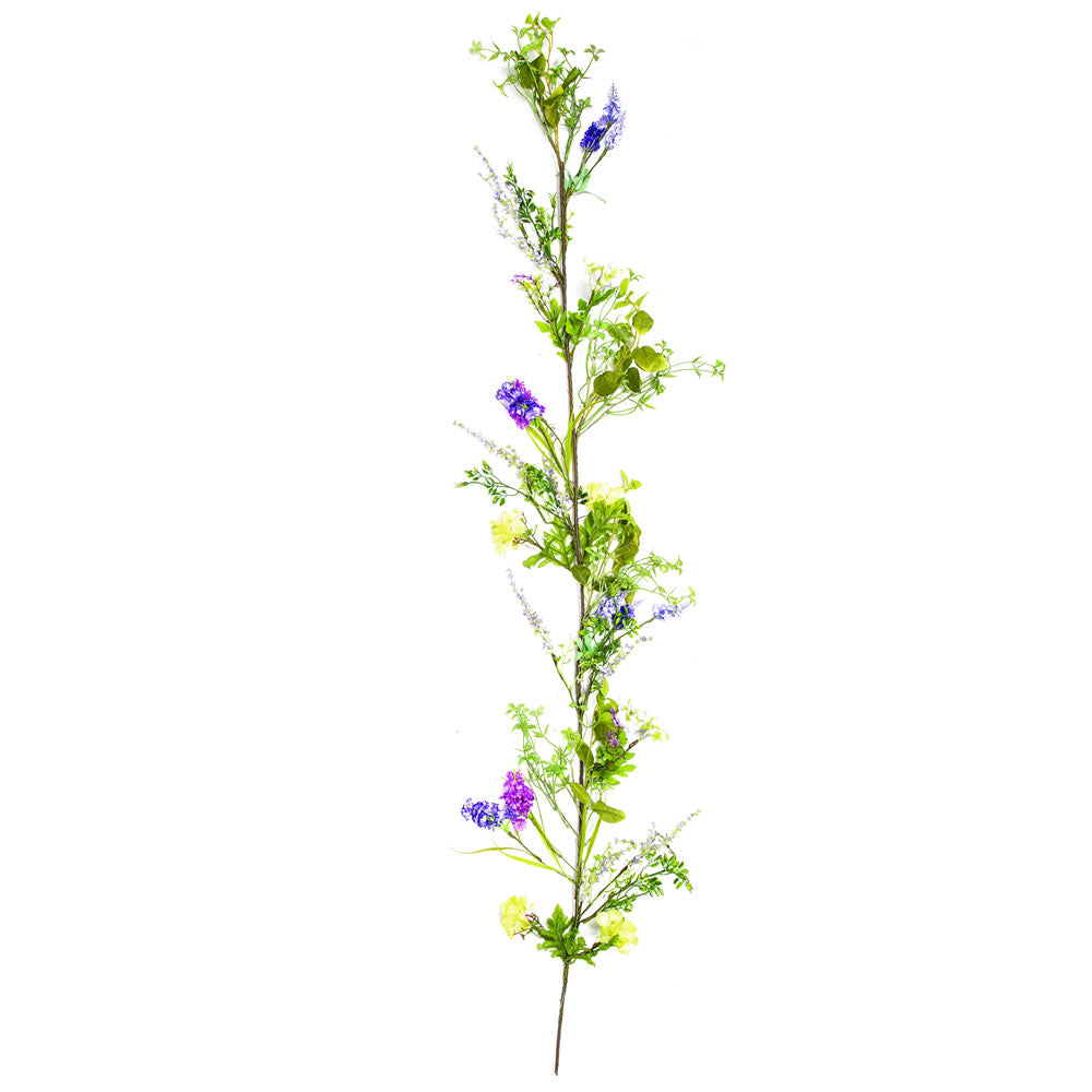 Vickerman 5' Artificial Mixed Floral Garland With Purple And Green Flowers. The Underlying Base Of The Garland Consists Of Mixed Greenery Leaves.