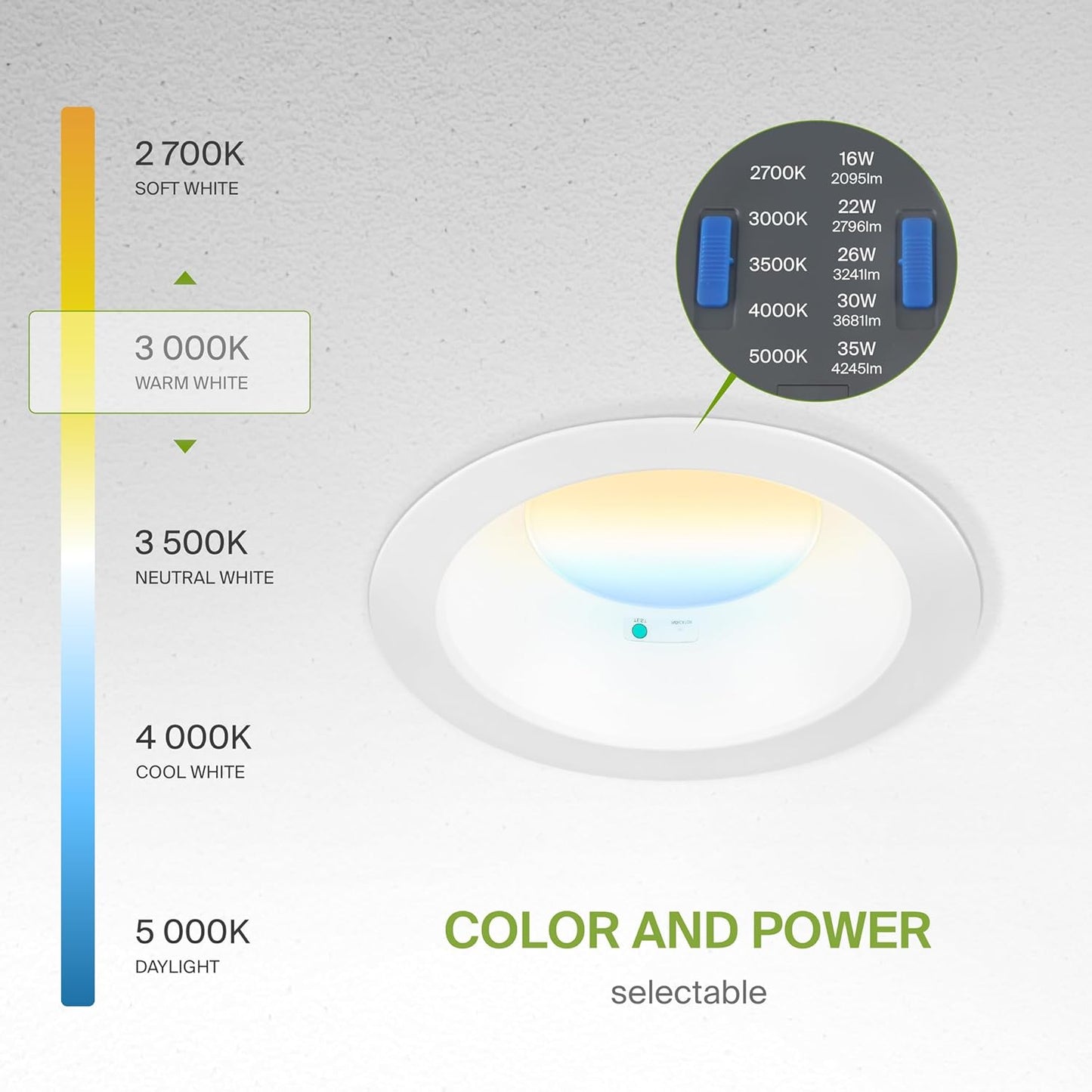 ASD Lighting LED Commercial Downlight Round 6inch 12/16/22/26/30W 120-277V 0-10V Dimmable 125Lm/W 2700/3000/3500/4000/5000K with Battery Back-up 15W White ETL ES
