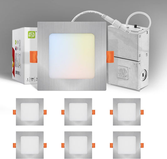ASD Lighting LED Recessed Mini Panel Square 4inch 12W 120V Triac 2700/3000/3500/4000/5000K Nickel UL Energy Star 6 pack