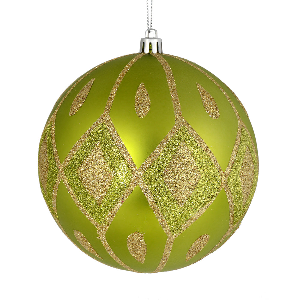 Vickerman 4" Lime Matte Ball with Glitter Diamond Pattern. Add variety and sparkle to your holiday arrangement with this matte ornament that features a glitter pattern. Includes 4 pieces per bag. Made with shatterproof plastic. Ornament has a drilled cap