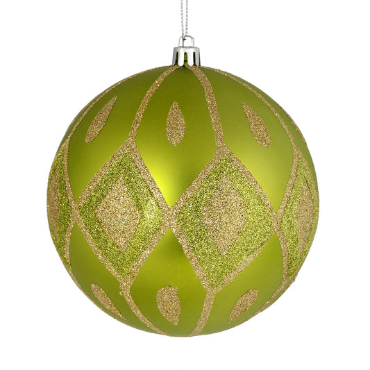 Vickerman 4" Lime Matte Ball with Glitter Diamond Pattern. Add variety and sparkle to your holiday arrangement with this matte ornament that features a glitter pattern. Includes 4 pieces per bag. Made with shatterproof plastic. Ornament has a drilled cap