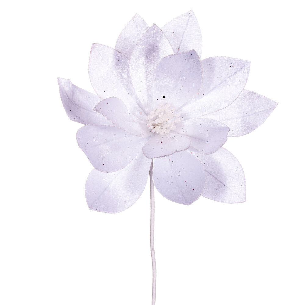 Vickerman 22" White Velvet Sheen Glitter Trim Poinsettia Stem 4 per bag.