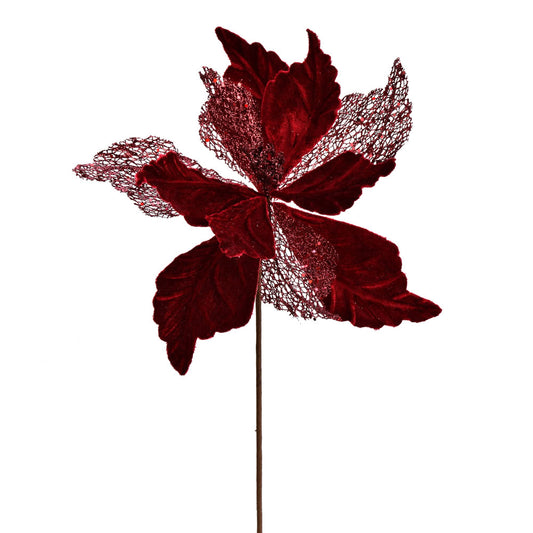 Vickerman 12" x 20" Burgundy Velvet Poinsettia Mesh Artificial Christmas Spray. Includes 6 sprays per pack.