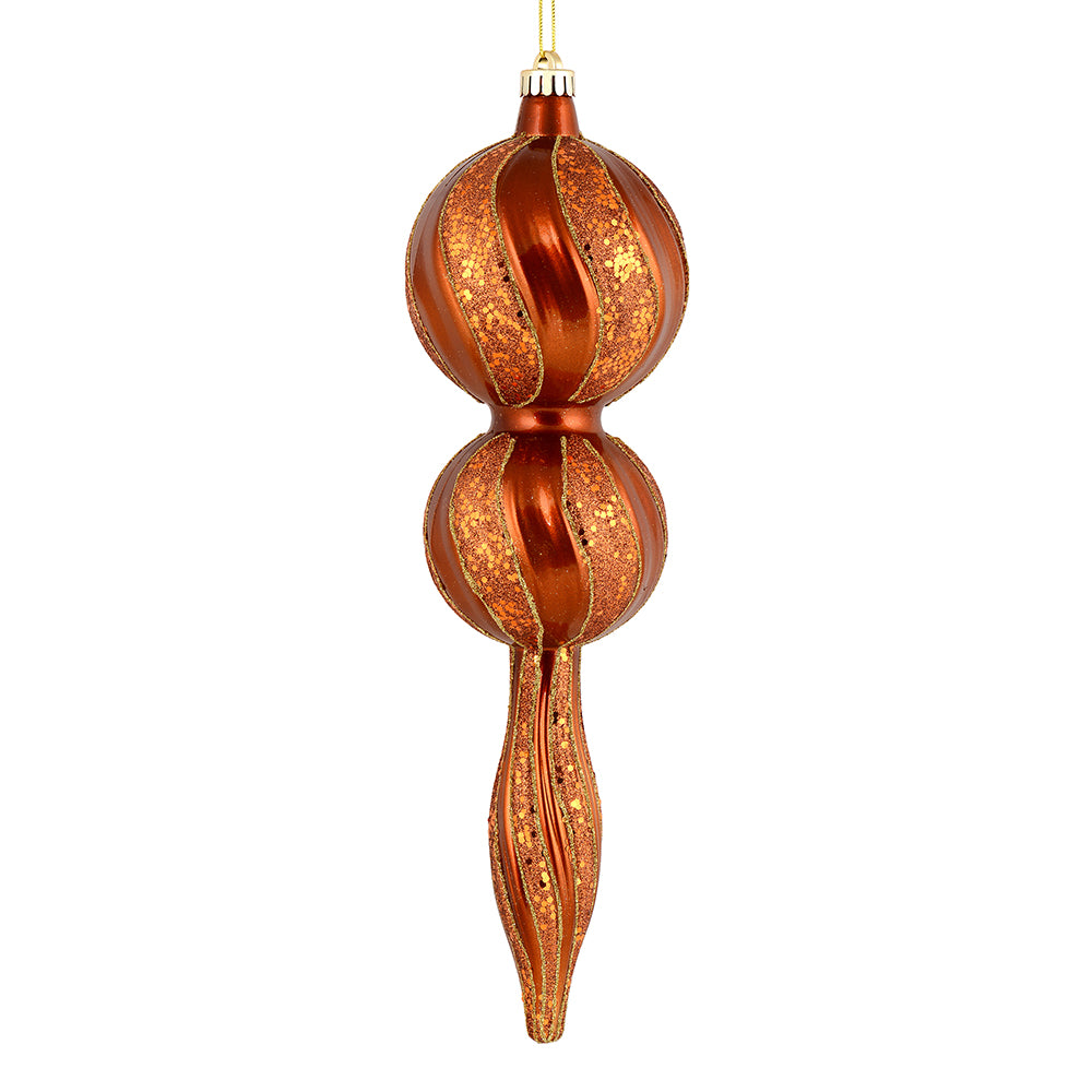 Vickerman 16.5" Copper Candy Glitter Finial. Create a beautiful holiday arrangement with this large Candy finial that features glitter accents. Made with shatterproof plastic. Ornament has a drilled cap secured with green floral wire.