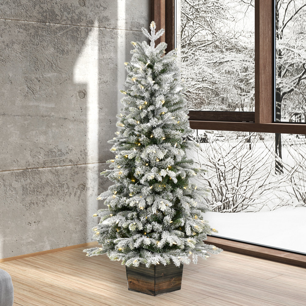 Vickerman 5' x 32" Frosted Wendell Slim Potted Pine Artificial Christmas Tree Warm White LED Lights