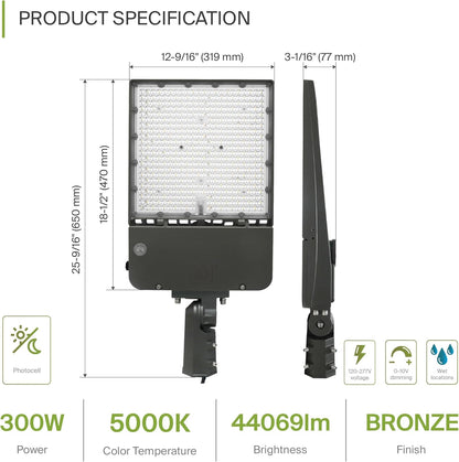 ASD Lighting LED Area Light 300W 120-277V 0-10V Dimmable 150Lm/W 5000K with Photocell with Slip Fitter Bracket Bronze UL DLC Premium