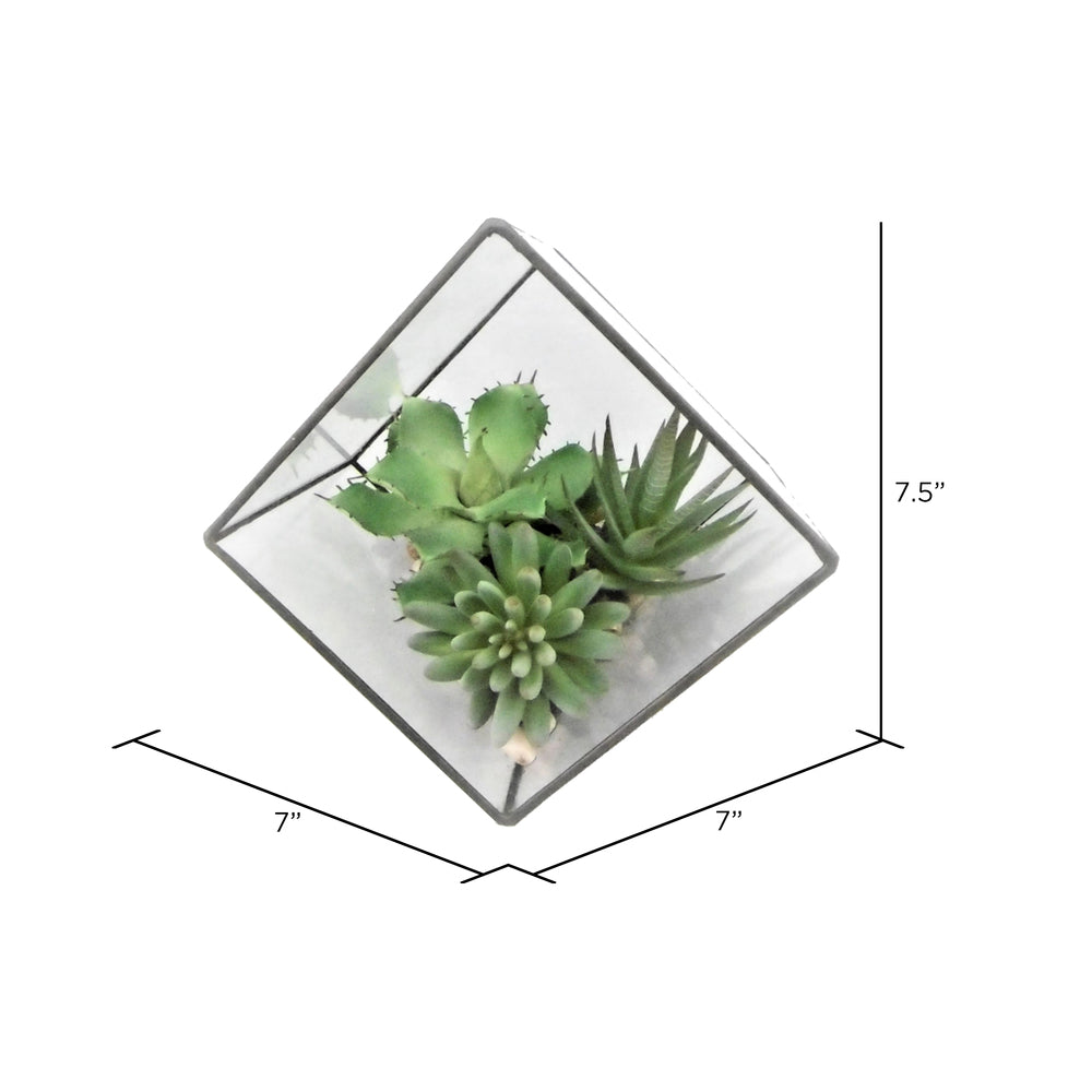 Vickerman 7.5" Artificial Green Succulents in Geometric Terrarium.