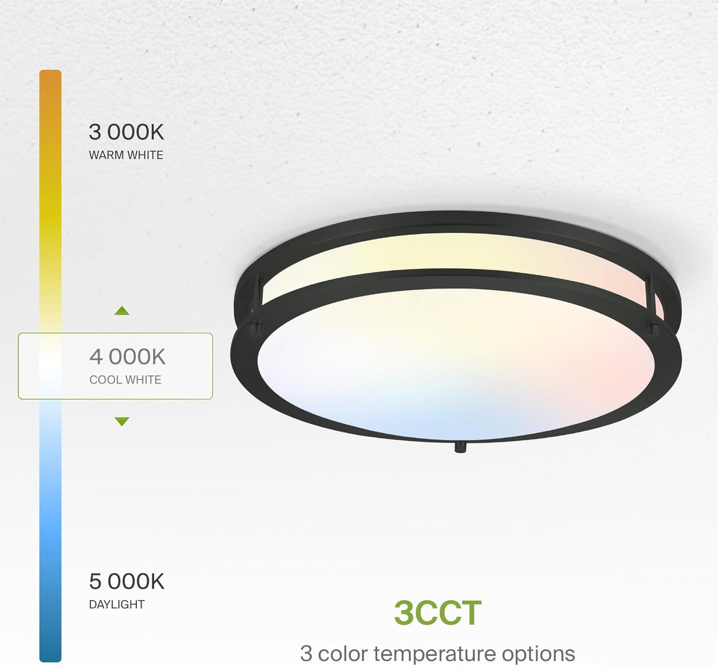 ASD LED Double Ring Flushmount 16" 24W 120V CCT Selectable 3000/4000/5000K Dimmable Black ETL Energy Star