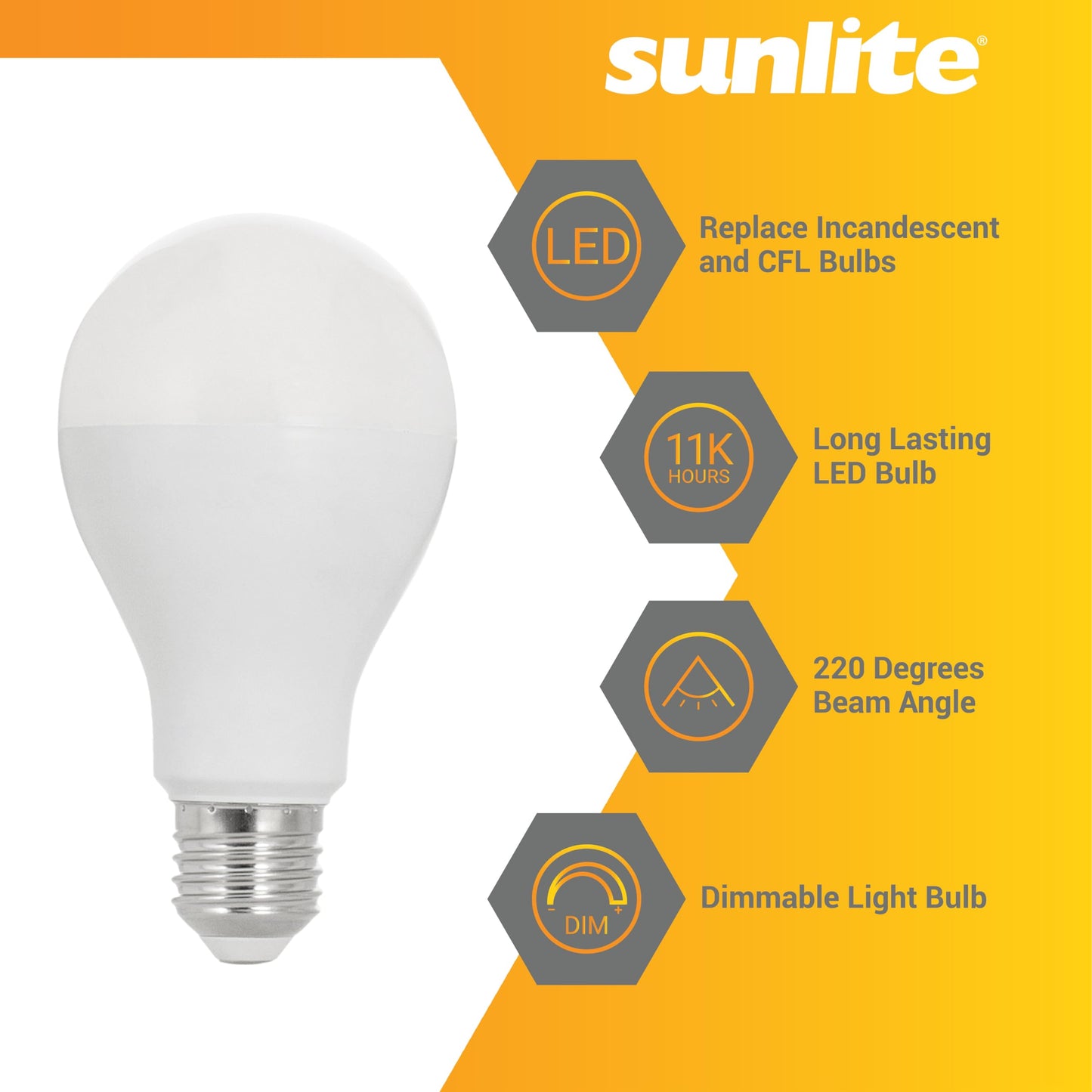 Sunlite 80995 LED A21 Light Bulb, 18 Watts (150W Equivalent), 2600 Lumens, 120V, Dimmable, Medium E26 Base, 220 Degree Beam Angle, UL Listed, RoHS Compliant, 2700K Soft White, 6 Pack