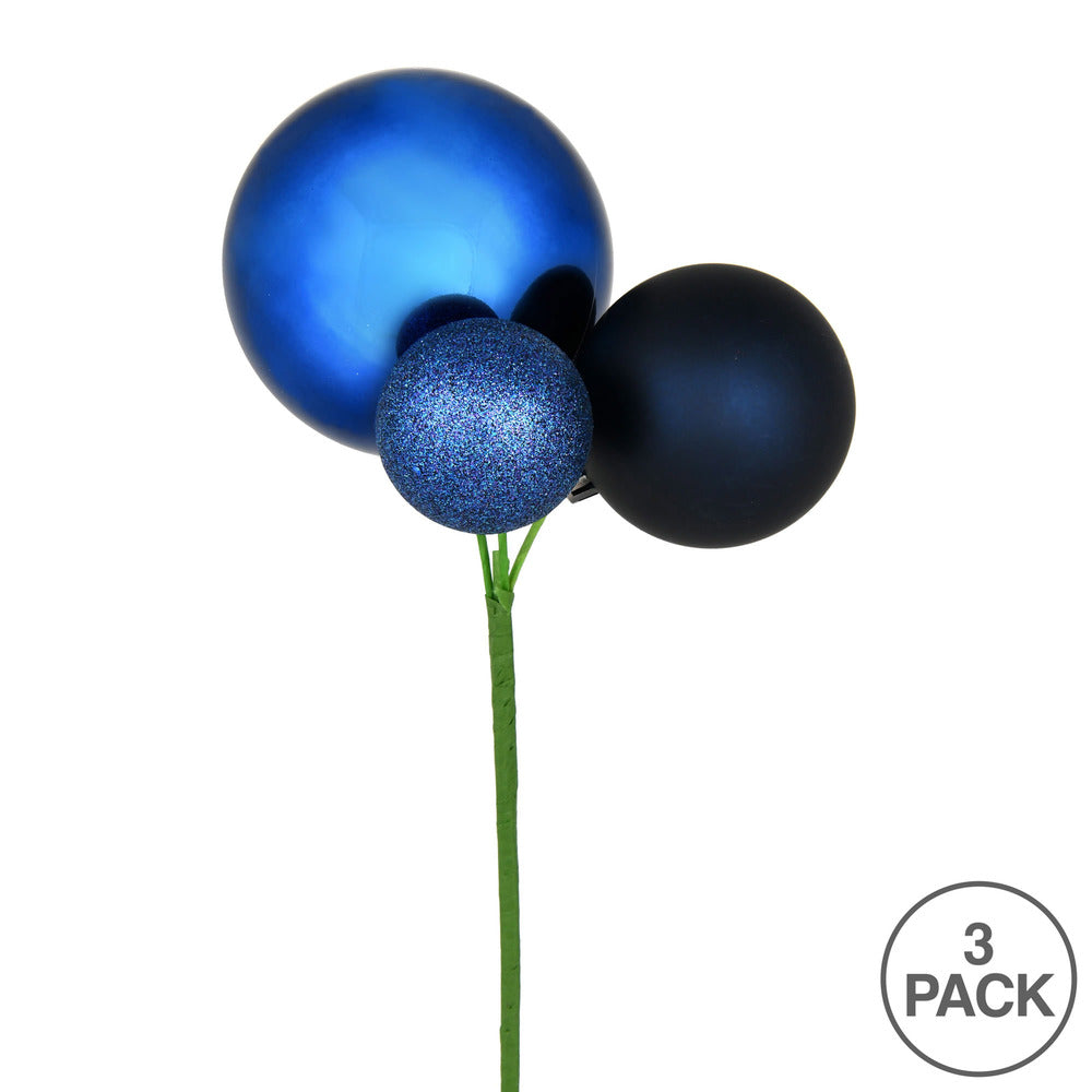 Vickerman 18" Midnight Blue Ball Ornament Christmas Pick Set of 3