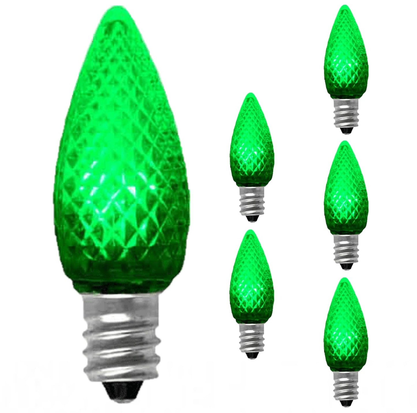 Damar- C7 LED Replacement Christmas Light Bulbs Transparent Faceted Green Color 0.96W E12 Candelabra Base 100-130V Dimmable Pack of 6- Shatterproof String Lights for Patio Holiday Party Decor