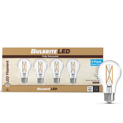 Bulbrite 776227 LED Filament Pack of 4, 7.6 Watt Dimmable A19 Light Bulb with Clear Finish and Medium Screw E26 Base - 3000K(Soft White Light), 800 lumens