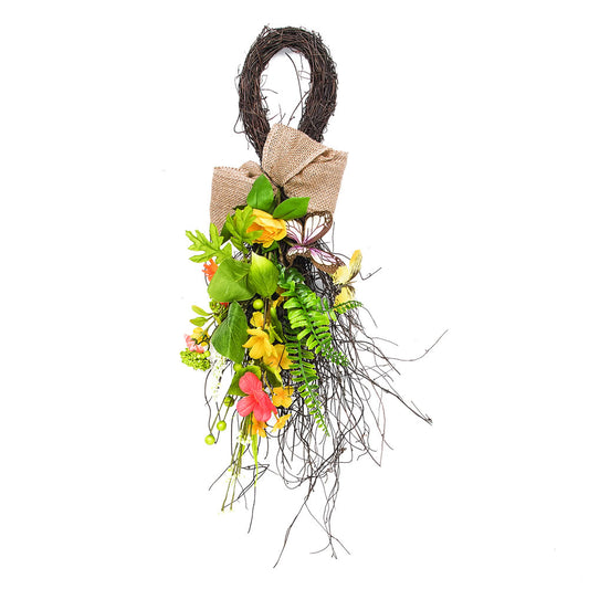 Vickerman 28" Artificial Mixed Floral Teardrop With Orange And Yellow Flowers And Butterflies. The Base Of The Teardrop Is Made Of Thin Spring Twigs.