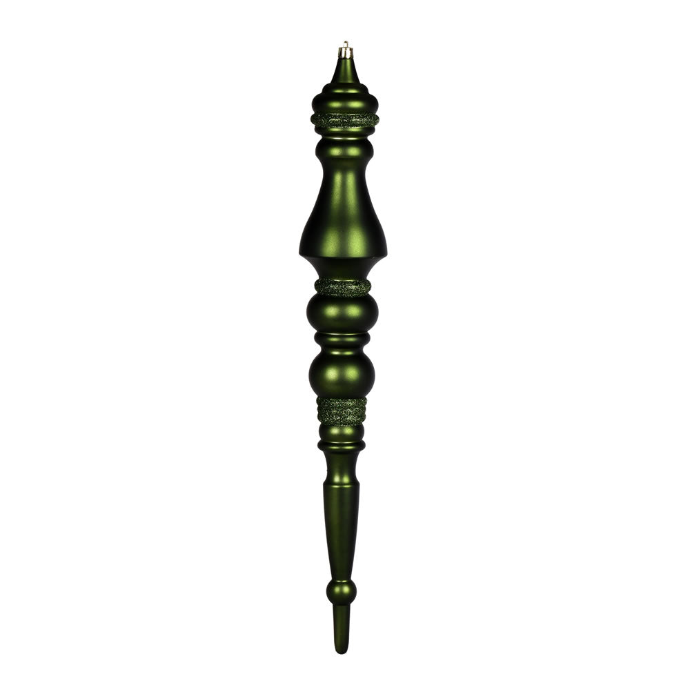 Vickerman 20" Moss Green Matte Finial 1/Bag. This ornament features a drilled cap with looped wire to ensure that decorating is a breeze. This ornament is made with shatterproof plastic to reduce the likelihood of breaking when dropped. Includes 1 piece p