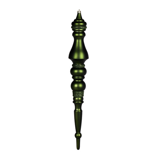 Vickerman 20" Moss Green Matte Finial 1/Bag. This ornament features a drilled cap with looped wire to ensure that decorating is a breeze. This ornament is made with shatterproof plastic to reduce the likelihood of breaking when dropped. Includes 1 piece p