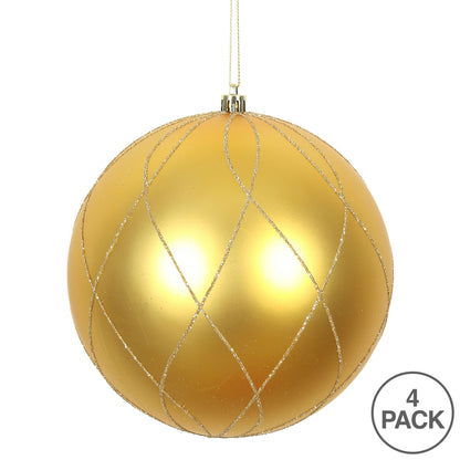 Vickerman 4" Honey Gold Matte and Glitter Swirl Ball Ornament 4 per Box