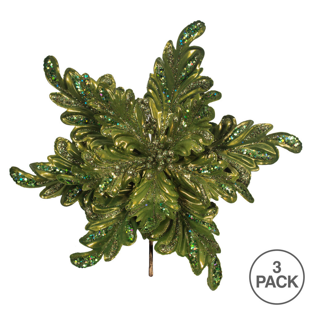 Vickerman 17" Lime Pearl Glitter Poinsettia Artificial Christmas Stem 3 per Bag