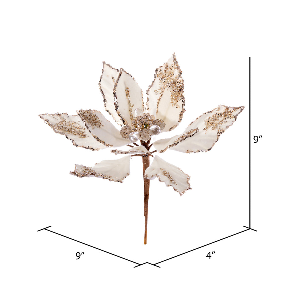Vickerman 9" Artificial Champagne Double Sided Velvet Poinsettia Pick 2 per bag