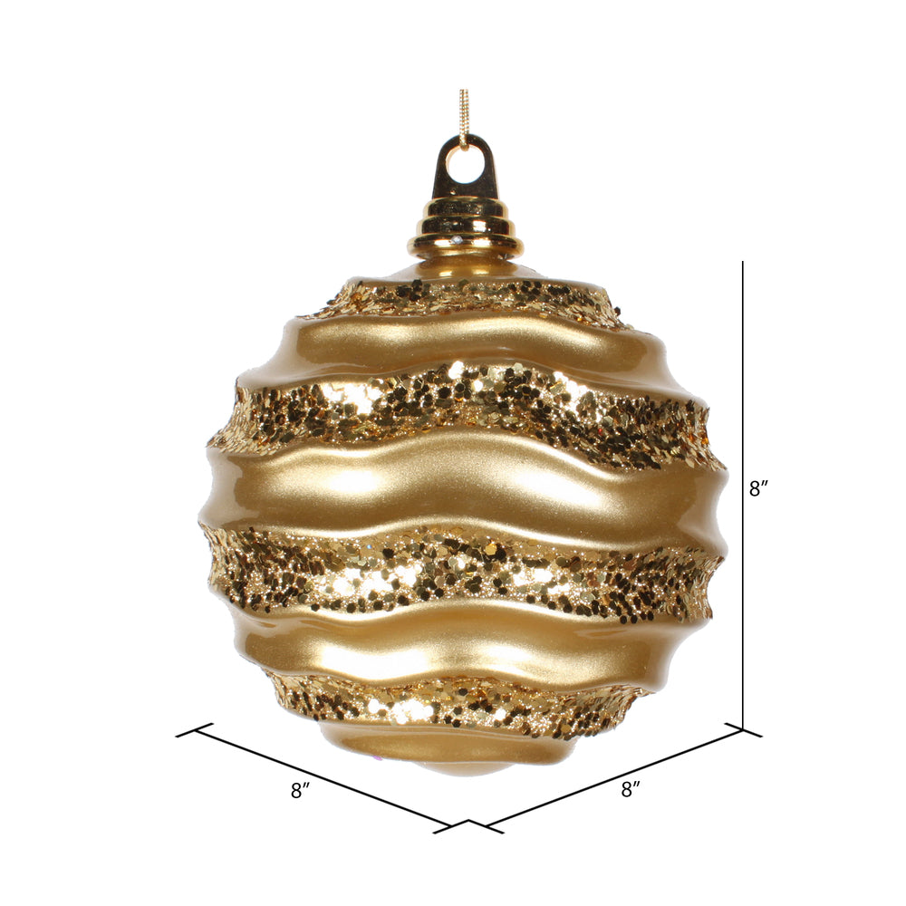 Vickerman 8' Gold Stripe Candy Finish Wave Ball Christmas Ornament with Glitter Accents