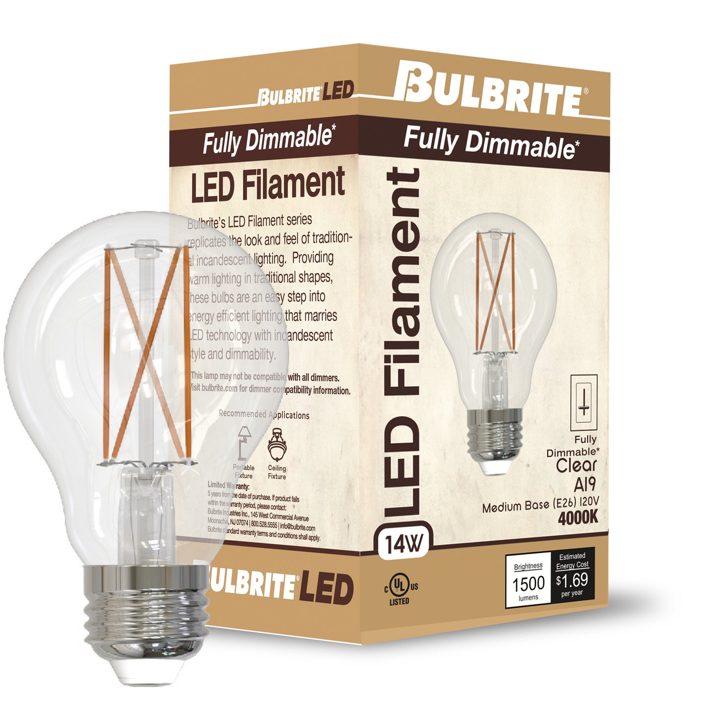 Bulbrite 14W LED A19 LIGHT BULB 4000K COOL WHITE FILAMENT, CLEAR FINISH, E26 MEDIUM SCREW BASE, DIMMABLE 4PK