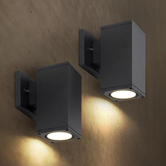 ASD Lighting BULB Square Outdoor Wall Cylinder with Photocell, Up or Downlight Fixture, 120V, 60W Max, 7.88", 50°, Black Finish, 2Pack