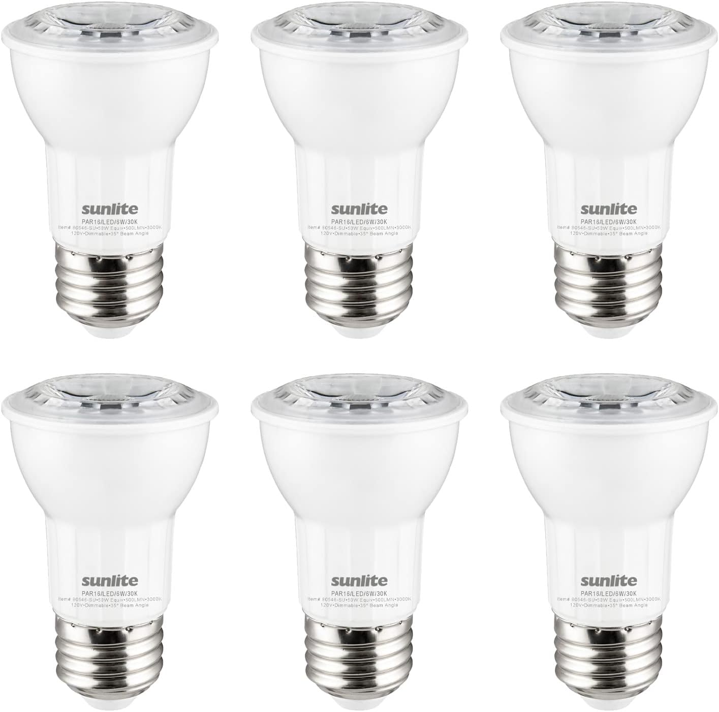 Sunlite LED PAR16 Reflector Light Bulb, 6 Watts (50W=), 500 Lumens, Medium E26 Base, Dimmable, Floodlight, 90 CRI, Energy Star, ETL Listed, Title-20 Compliant, 6 Count, 2700K Soft White