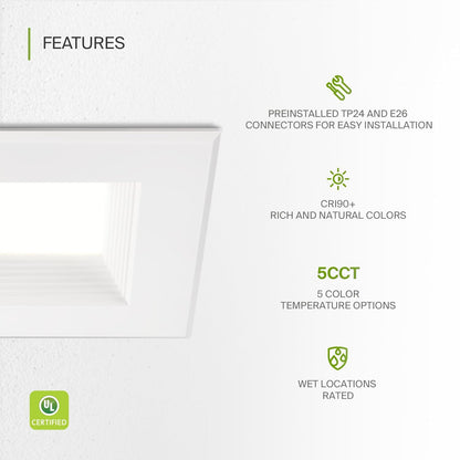 ASD Lighting LED Square Downlight Retrofit Kit 4" 8.6W 120V CCT Selectable 2700/3000/3500/4000/5000K Dimmable PC, Baffle Trim, White UL 6pack