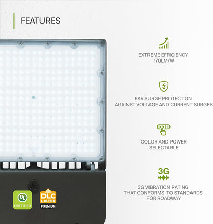 ASD Lighting LED Area Light with Q-base 100/150/200W 120-277V 0-10V Dimmable 170Lm/W 3000/4000/5000K with Photocell Bronze UL DLC Premium