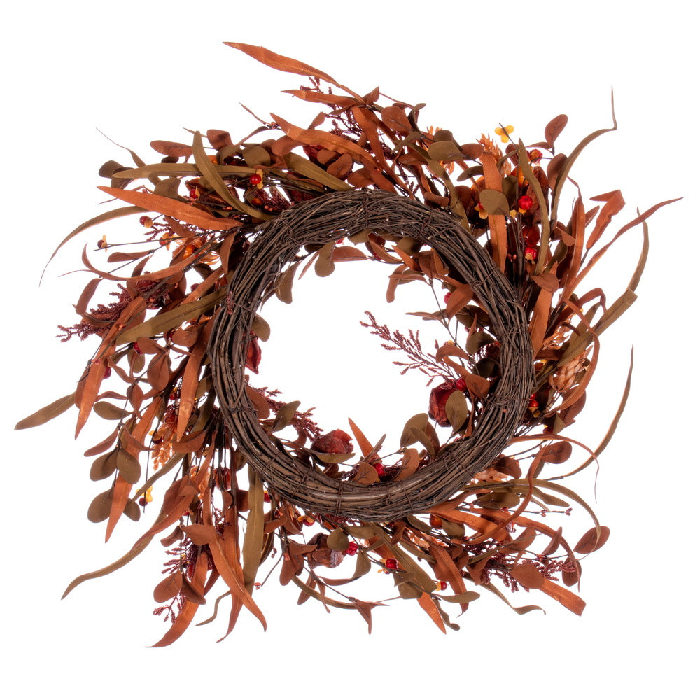 Vickerman 22" Autumn Orange Artificial Assorted Leaf Wreath with Berries.