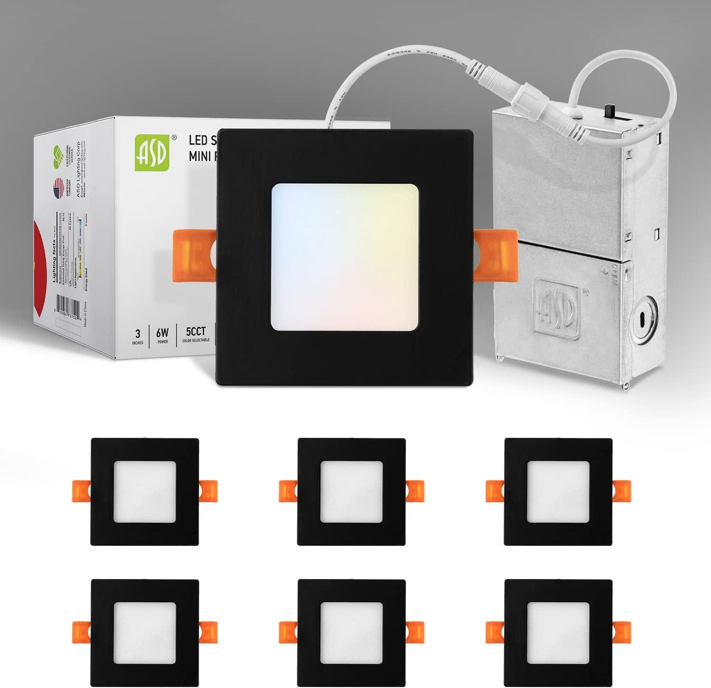 ASD Lighting LED Recessed Mini Panel Square 3inch 6W 120V Triac 2700/3000/3500/4000/5000K Black UL Energy Star 6 pack