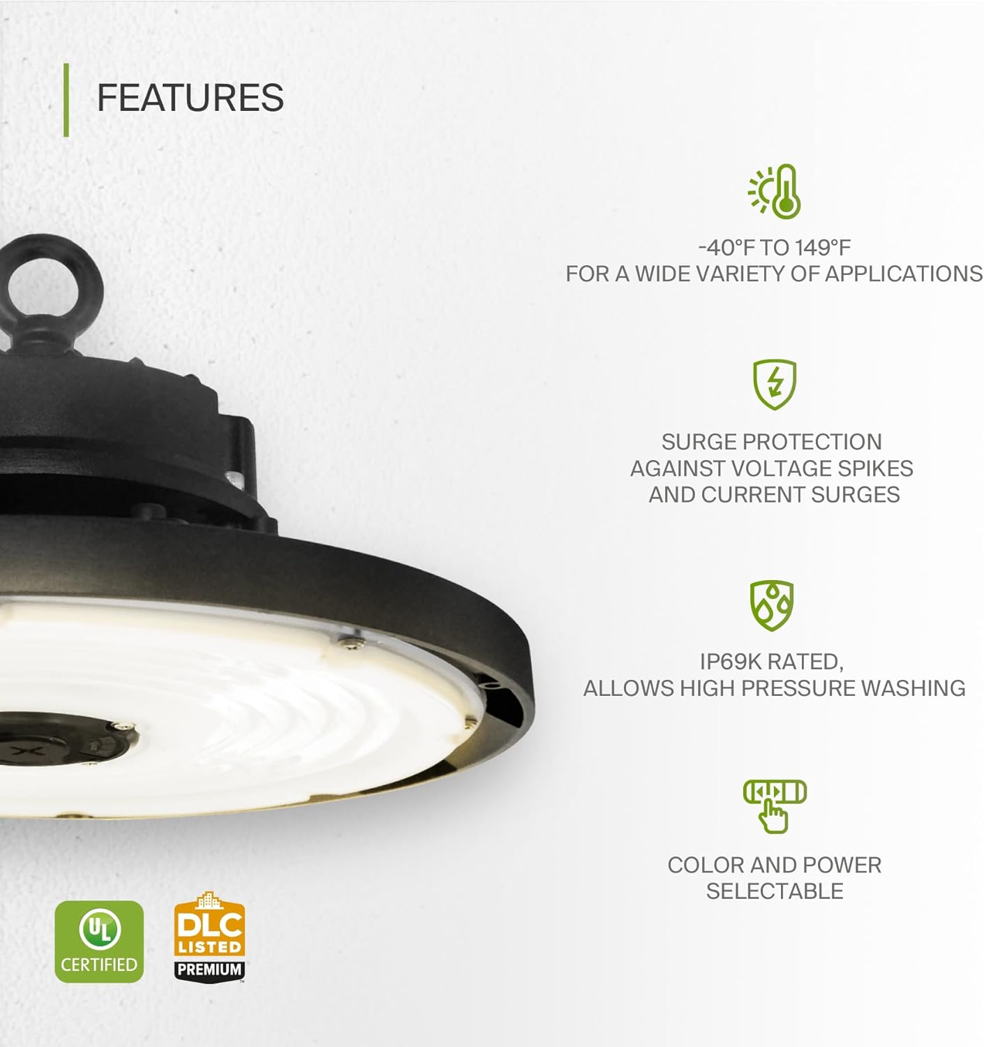 ASD Lighting Q-base LED UFO High Bay 150W CCT Selectable 3000/4000/5000K Dimmable Black UL DLC Premium