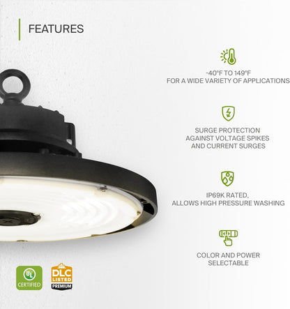 ASD Lighting Q-base LED UFO High Bay 150W CCT Selectable 3000/4000/5000K Dimmable Black UL DLC Premium