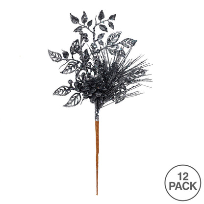 Vickerman 10" Gunmetal Pinecone Glitter Leaf Artificial Christmas Pick 12 per Bag