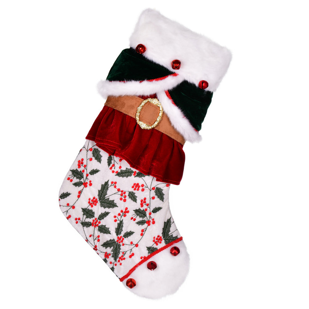 Vickerman 21" Holly Berry Velvet Belt Christmas Stocking