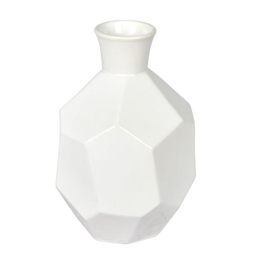 Vickerman 10" White Ceramic Geometric Bottle. This bottle mixes together touches of whimsical and modern. This ceramic bottle has a geometric body and a sleek neck. This bottle can stand on its own or pair with any faux floral to add a pop of color. It me