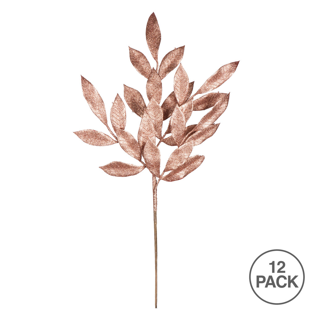 Vickerman 22" Rose Gold Glitter BayLeaf Artificial Christmas Spray. Includes 12 sprays per pack.