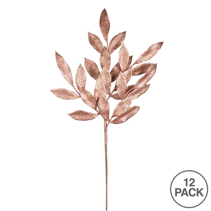 Vickerman 22" Rose Gold Glitter BayLeaf Artificial Christmas Spray. Includes 12 sprays per pack.