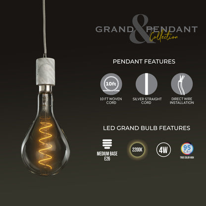 Bulbrite LED Grand Bulb and Pendant Kit of (1) 4 Watt Clear Glass 13" Pear Shaped Bulb and (1) White Marble Open Socket Pendant on White Fabric Braided Cord - 2200K (Amber Light)