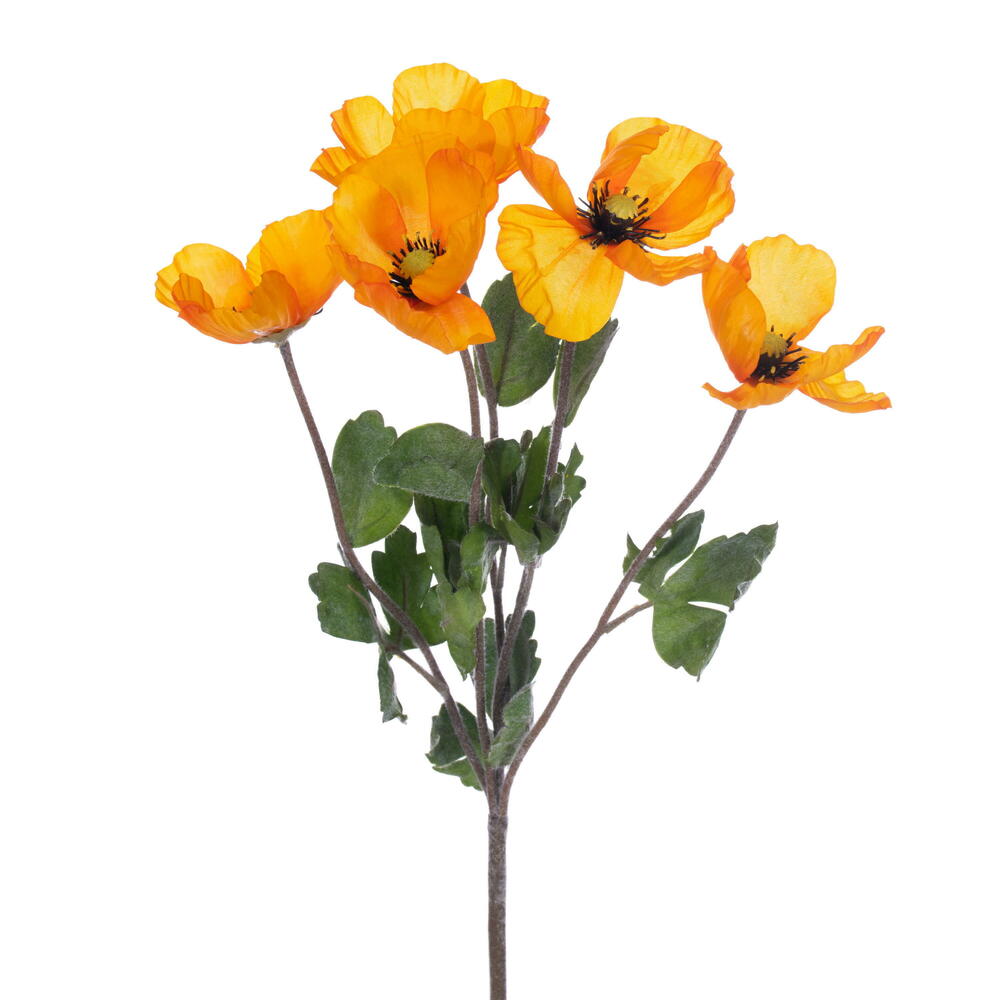 Vickerman 18" Artificial Orange Poppy And Foliage Bush. 5 Flowers Heads Per Bush. 3 Bushes In A Bag.