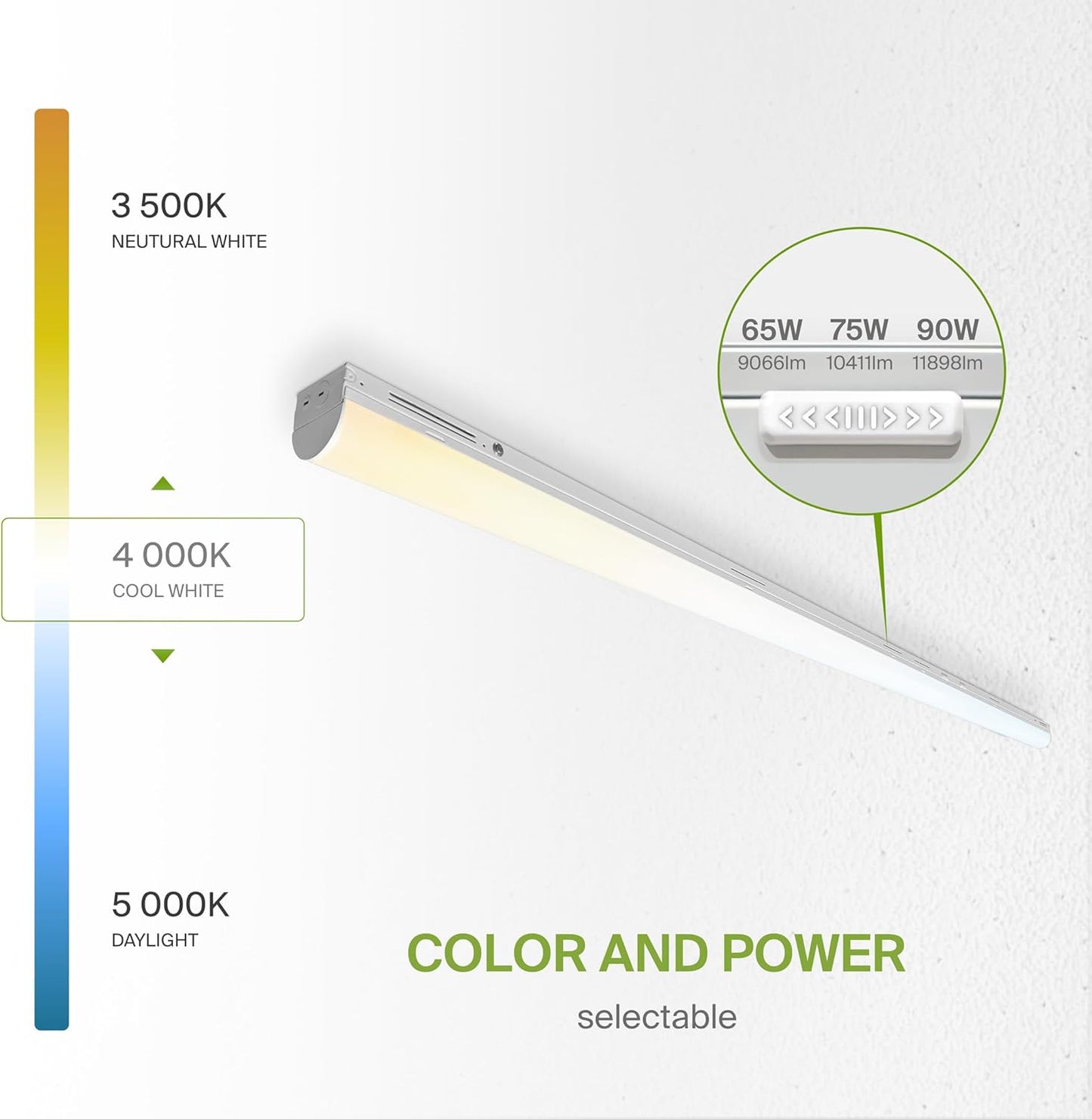 ASD Lighting LED Striplight Fixture with Q-base 8feet Power Adjustable 65/75/90W 120-277V CCT Selectable 3500/4000/5000K with Battery back-up 15W Dimmable White UL DLC Standard
