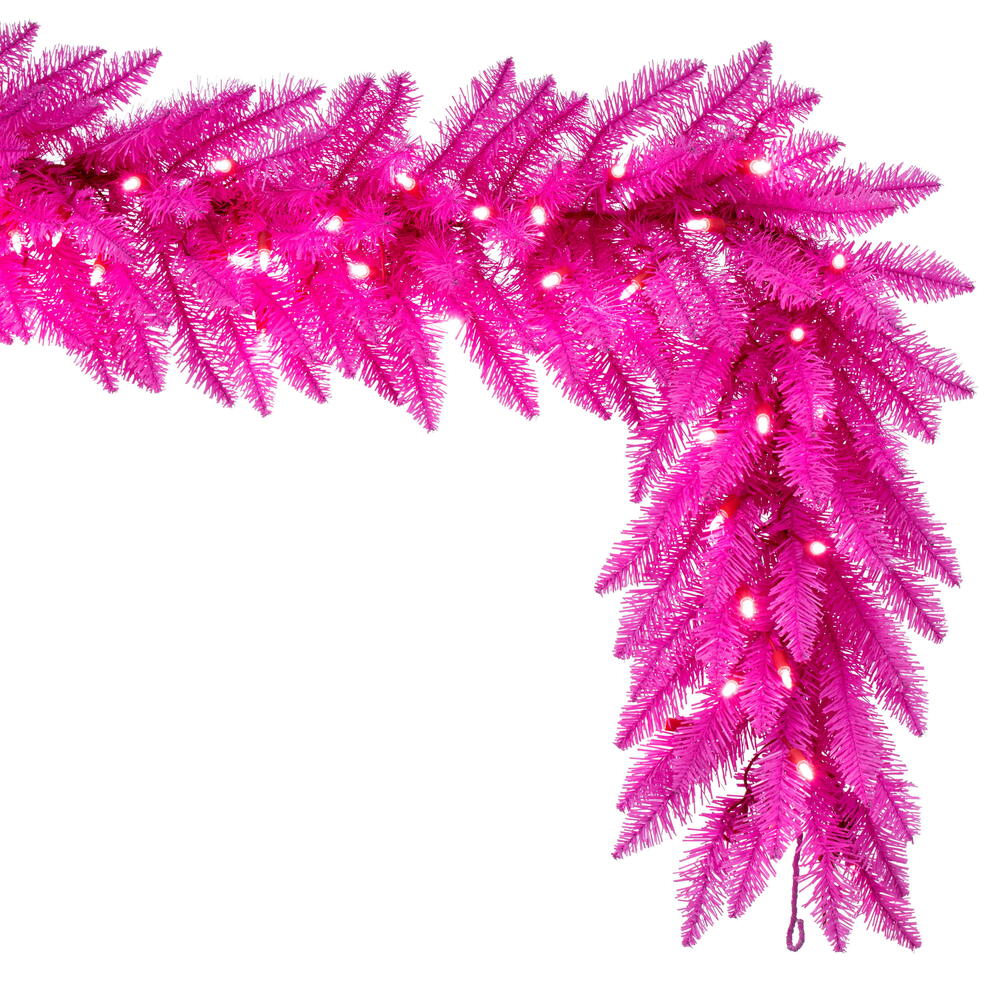 Vickerman 9' x 14" Hot Pink Artificial Pre-Lit Garland with 100 Pink LED Mini Lights and 270 Realistic PVC Tips.