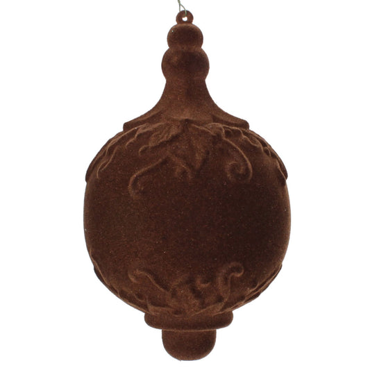 Vickerman 6" Chocolate Flocked Drop Finial Ornament 2/Bag. These ornaments feature a soft and fuzzy finish. They are the perfect addition to any holiday decorating project. Each ornament features a drilled cap with threaded wire for easy decorating. Inclu