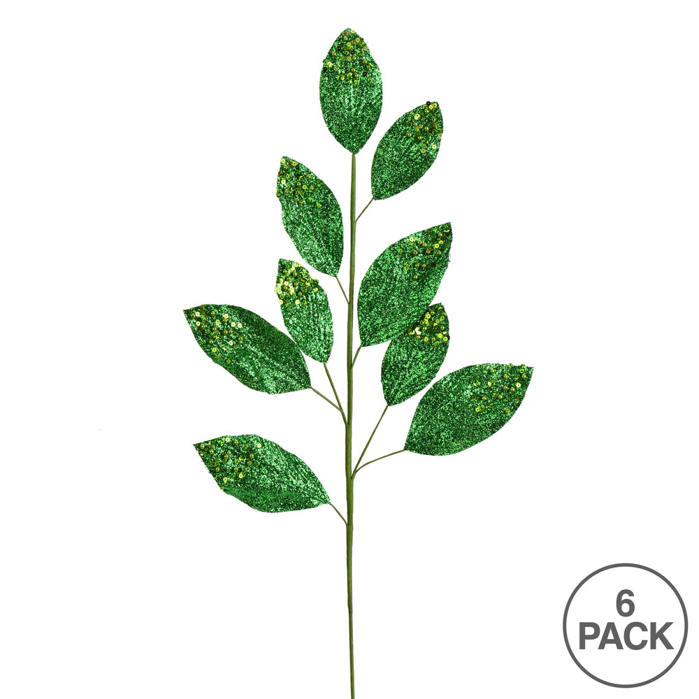 Vickerman 29" Green Glitter Leaf Artificial Christmas Spray. Includes 6 sprays per pack.