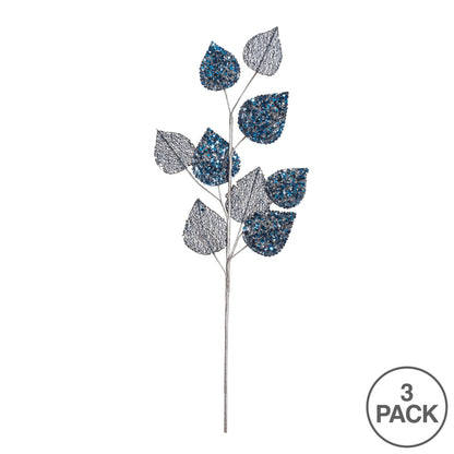 Vickerman 20" Blue Mesh Mulberry Leaf Artificial Christmas Spray. Includes 3 sprays per pack.