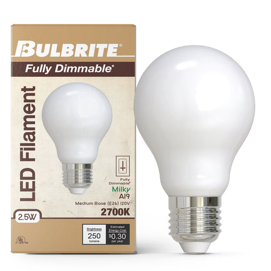Bulbrite 862069 LED Filament Pack of (4) 2.5 Watt Dimmable A19 Light Bulb with Milky Glass Finish and Medium (E26) Base - 2700K (Warm White Light), 250 Lumens